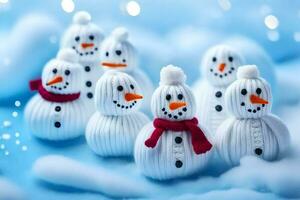 snowmen are made of knit wool and are standing in a row. AI-Generated photo