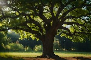 un grande árbol en el medio de un campo. generado por ai foto