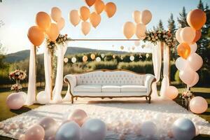 a wedding ceremony with balloons and a couch. AI-Generated photo