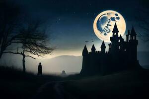 a castle in the night with a full moon. AI-Generated photo