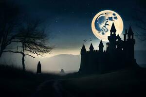 a castle in the night with a full moon. AI-Generated photo