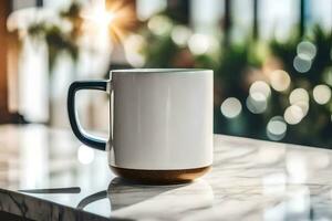 a white coffee mug on a marble counter. AI-Generated photo