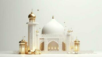 Eid mubarak and ramadan kareem greetings with islamic lantern and mosque. Eid al fitr background. Eid al fitr background of window concept by AI Generated photo