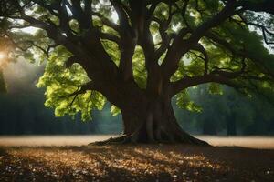 un grande árbol en el medio de un campo. generado por ai foto