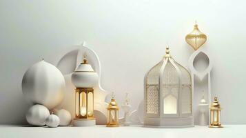 Eid mubarak and ramadan kareem greetings with islamic lantern and mosque. Eid al fitr background. Eid al fitr background of window concept by AI Generated photo