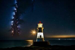 un faro con un estrellado cielo y un lechoso camino en el antecedentes. generado por ai foto