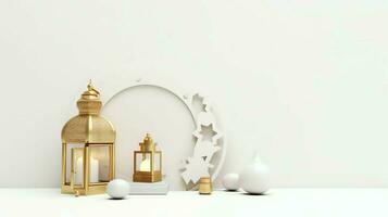 Eid mubarak and ramadan kareem greetings with islamic lantern and mosque. Eid al fitr background. Eid al fitr background of window concept by AI Generated photo