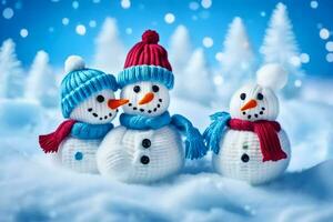 three snowmen wearing hats and scarves. AI-Generated photo