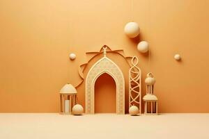Eid mubarak and ramadan kareem greetings with islamic lantern and mosque. Eid al fitr background. Eid al fitr background of window concept by AI Generated photo