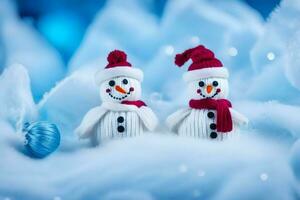 two snowmen in red hats and scarves on a blue background. AI-Generated photo