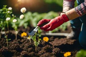 a person in red gloves is planting flowers in the garden. AI-Generated photo