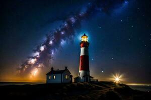 a lighthouse with stars and milky in the sky. AI-Generated photo