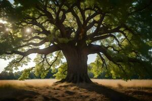 el Dom brilla mediante el hojas de un grande árbol. generado por ai foto