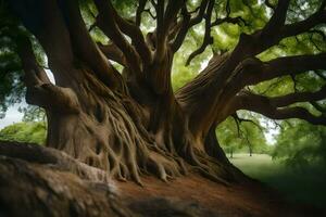 el raíces de un árbol en el medio de un campo. generado por ai foto