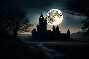 a castle with a full moon in the sky. AI-Generated photo