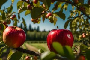 dos manzanas son en el rama de un manzana árbol. generado por ai foto