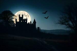 a castle with bats flying over it at night. AI-Generated photo