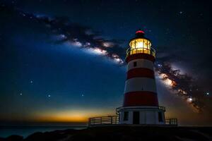 a lighthouse with stars and milky in the sky. AI-Generated photo