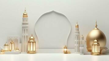 Eid mubarak and ramadan kareem greetings with islamic lantern and mosque. Eid al fitr background. Eid al fitr background of window concept by AI Generated photo