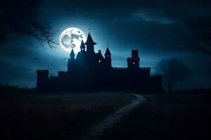 a castle in the dark with a full moon. AI-Generated photo