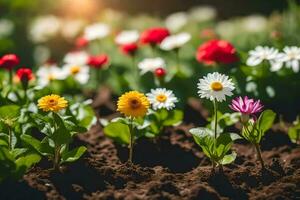 many different colored flowers growing in the dirt. AI-Generated photo