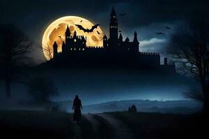 halloween castle with bats flying over it at night. AI-Generated photo