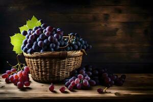 grapes in a basket on a wooden table. AI-Generated photo