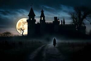 a dark castle with a full moon in the background. AI-Generated photo