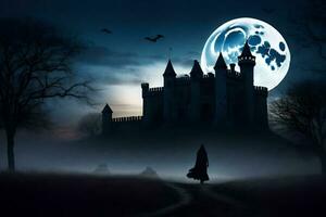 a castle in the night with a full moon. AI-Generated photo