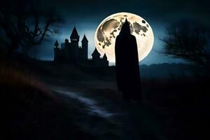 a person in a cloak is walking in front of a castle. AI-Generated photo