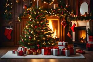 christmas tree in front of fireplace with presents. AI-Generated photo