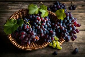 uvas en un cesta en un de madera mesa. generado por ai foto