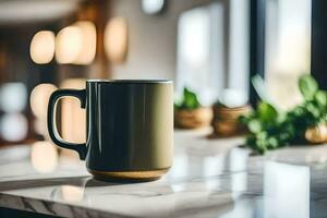 a coffee mug on a counter top. AI-Generated photo