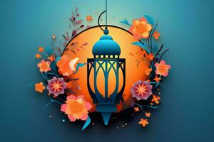 Eid mubarak and ramadan kareem greetings with islamic lantern and mosque. Eid al fitr background. Eid al fitr background of window concept by AI Generated photo