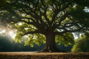 the sun shines through the leaves of an old oak tree. AI-Generated photo