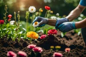 a person in blue gloves is picking flowers from the ground. AI-Generated photo