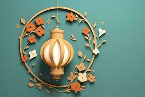 Eid mubarak and ramadan kareem greetings with islamic lantern and mosque. Eid al fitr background. Eid al fitr background of window concept by AI Generated photo