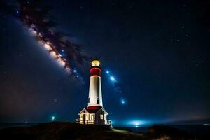 a lighthouse with stars in the sky and a light shining. AI-Generated photo