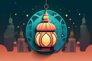 Eid mubarak and ramadan kareem greetings with islamic lantern and mosque. Eid al fitr background. Eid al fitr background of window concept by AI Generated photo