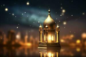 Eid mubarak and ramadan kareem greetings with islamic lantern and mosque. Eid al fitr background. Eid al fitr background of window concept by AI Generated photo