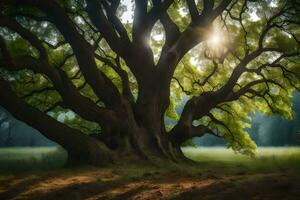 el Dom brilla mediante el hojas de un grande árbol. generado por ai foto