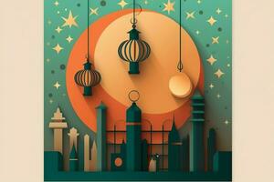 Eid mubarak and ramadan kareem greetings with islamic lantern and mosque. Eid al fitr background. Eid al fitr background of window concept by AI Generated photo