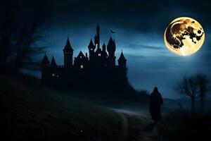 a person walks through a dark forest at night with a castle in the background. AI-Generated photo