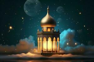 Eid mubarak and ramadan kareem greetings with islamic lantern and mosque. Eid al fitr background. Eid al fitr background of window concept by AI Generated photo