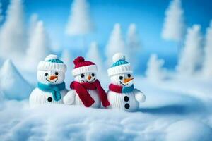 three snowmen are standing in a snow covered field. AI-Generated photo