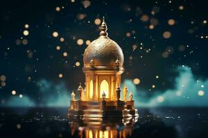 Eid mubarak and ramadan kareem greetings with islamic lantern and mosque. Eid al fitr background. Eid al fitr background of window concept by AI Generated photo