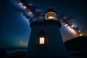 a lighthouse with stars in the sky and a light shining. AI-Generated photo