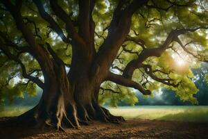 the sun shines through the tree trunk of a large oak tree. AI-Generated photo