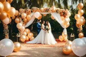 wedding couple under a golden balloon arch. AI-Generated photo