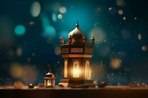 Eid mubarak and ramadan kareem greetings with islamic lantern and mosque. Eid al fitr background. Eid al fitr background of window concept by AI Generated photo